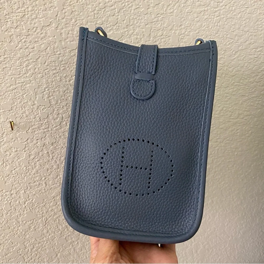 Blue Gray Perforated Leather Crossbody Bag Cell Phone Holder Purse